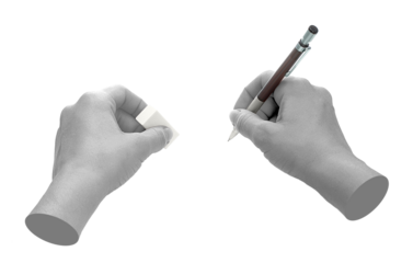 Hands with pencil isolated on transparent background. Contemporary art