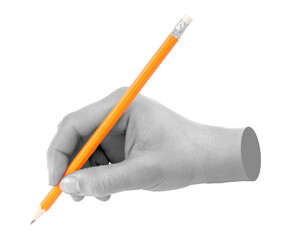 Hand with pencil isolated on transparent background. Contemporary art