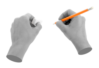 Hands with pencil isolated on transparent background. Contemporary art
