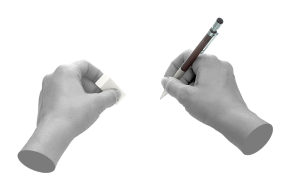 Hands with pencil isolated on transparent background. Contemporary art