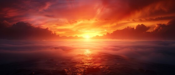 Fototapeta premium Sun sinking into cloud-studded sky, mirrored on tranquil surface