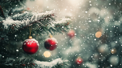 Close up of a Christmas tree with red ornaments and a bokeh background. Winter holiday decoration. Christmas card concept with copy space. Shiny snowflakes falling on the surface. Vintage filter effec