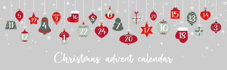 Naklejka premium Christmas advent calendar with bauble gifts garland for winter holiday, vector background. Christmas advent calendar with December days, star and sock, tree and gift box or mitten and bell decoration