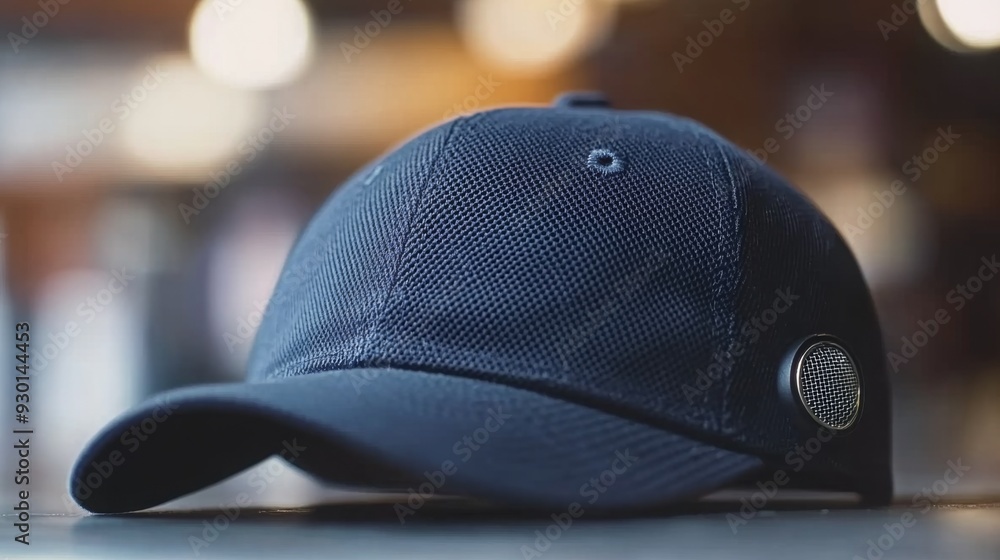 Poster a navy cap featuring a textured fabric and a distinctive side emblem is displayed in an indoor setti