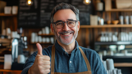 Obraz premium Portrait of a middle aged man, small business owner, smiling confidently and showing thumbs up at his coffee shop