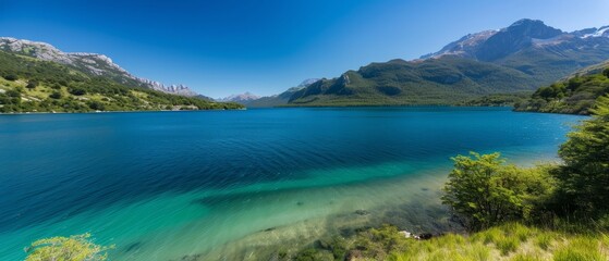  A large body of water encircled by mountains, with a lush, forested shore teeming with numerous green trees