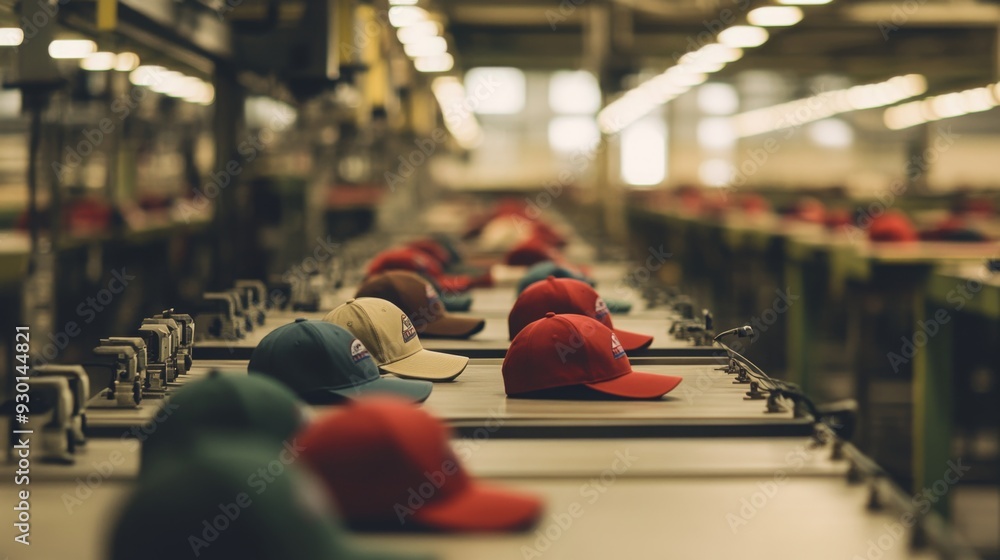 Poster a row of colorful hats rests on production tables in a well-lit workshop, showcasing the organized a