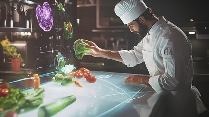 Chef in a kitchen with a holographic display of vegetables