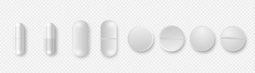 White color pills design template, capsules for graphics, mockup. Medical and healthcare concept. Top view with shadow. Vector on transparent background