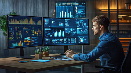 Professional Data Analyst analyzing Data Analytics KPI trends, surrounded by a modern office setup with interactive displays