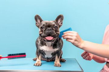 Close-up of dog being bathed and groomer in pet beauty salon studio for hairdressing clean fur on the face on light background