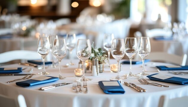 Round table set for a wedding reception with blue napkins and silverware