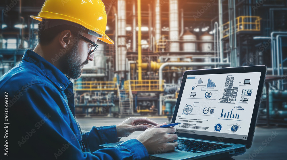 Poster professional increasing productivity using laptop software, virtual screen displaying industrial man