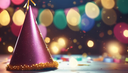 The Perfect Party Accessory: A Colorful Party Hat Against a Background of Festive Lights