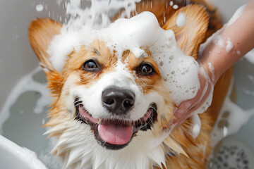 Close-up of dog being bathed and groomer in pet beauty salon studio for hairdressing clean fur on the face on light background