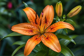 Fototapeta premium A close-up of a lily in full bloom, with its vibrant orange petals and dark spots standing out against green leaves
