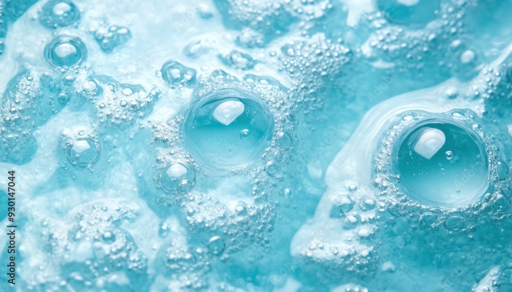 Wall mural soap bubbles creating foam on a blue liquid surface