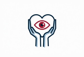 Compassionate Eyes: A Blue and Red Outline Cartoon Illustration of Hands Holding an Eye Within a Heart, Representing Care for the Blind. 