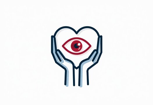 Compassionate Eyes: A Blue and Red Outline Cartoon Illustration of Hands Holding an Eye Within a Heart, Representing Care for the Blind. 