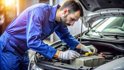 Mechanic replacing the car battery
