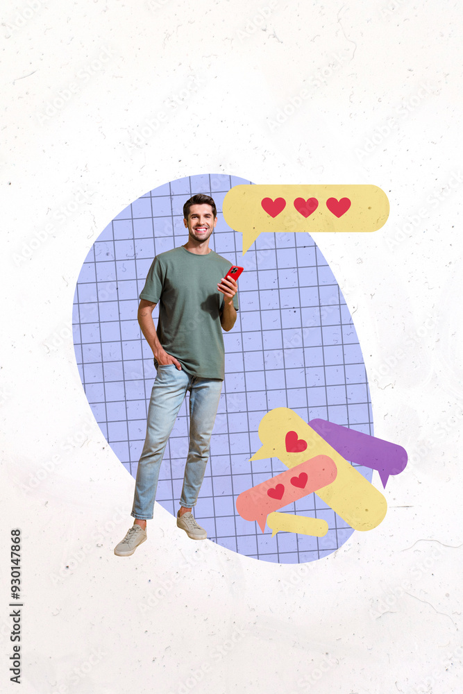Poster composite artwork sketch image collage of copyspace young guy stand hand hold smartphone blogger hea