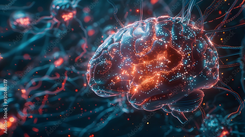 Poster a futuristic scene showcasing a neural interface seamlessly connecting a human brain to a high-tech 