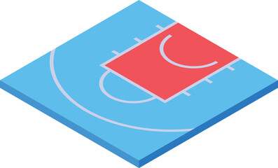 Isometric view of a basketball court, showing the three point line and the key