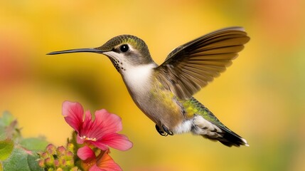 Naklejka premium Tiny hummingbird hovering near a flower, detailed wings in motion, bright colors, watercolor style, soft edges