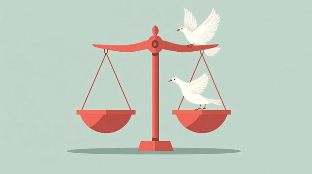 Illustration of a balance scale with doves, symbolizing peace and justice in a minimalist design.