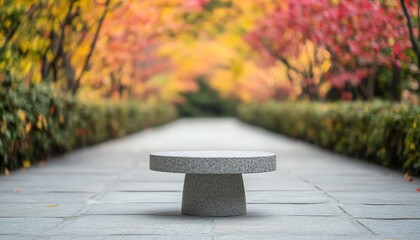 A minimalist stone table placed in the center of a peaceful garden path, surrounded by vibrant autumn foliage in soft, blurred colors.