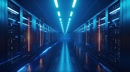 Futuristic data center corridor with glowing blue lights and server racks on both sides