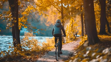 Fototapeta premium Woman Cycling Through Autumn Forest.