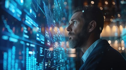 Businessman with a digital bar graph interface (close up, tech-savvy leadership, futuristic, Composite, High-rise office)