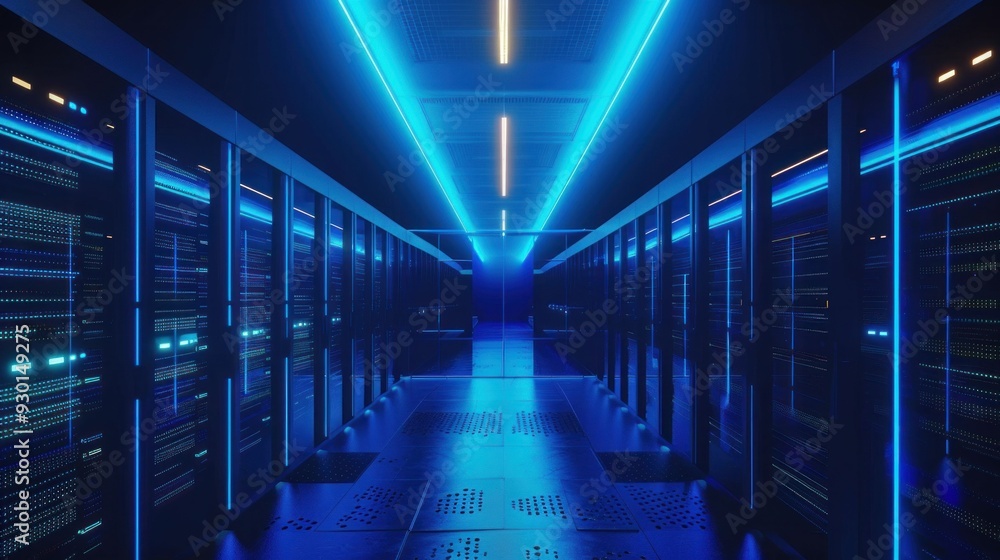 Poster futuristic server room with blue neon lighting and rows of server racks on either side, creating a h