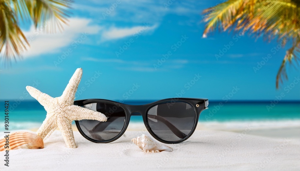 Canvas Prints starfish and stylish black sunglasses on a beach with seashells against a backdrop of swaying palms