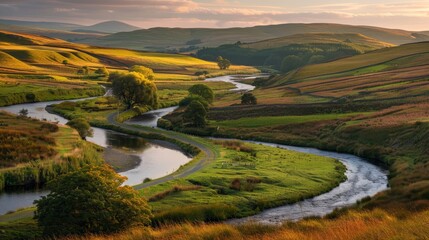 Fototapeta premium Winding River Through Rolling Hills.