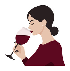 Young elegant woman holding glass of red wine. Retro-styled vector illustration isolated on white background