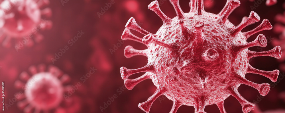 Poster microscopic view of a virus, illustrating its intricate structure and spikes, set against a blurred 