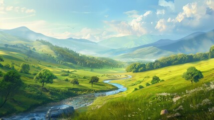 Fototapeta premium Serene River Valley with Rolling Hills and Lush Grassland.