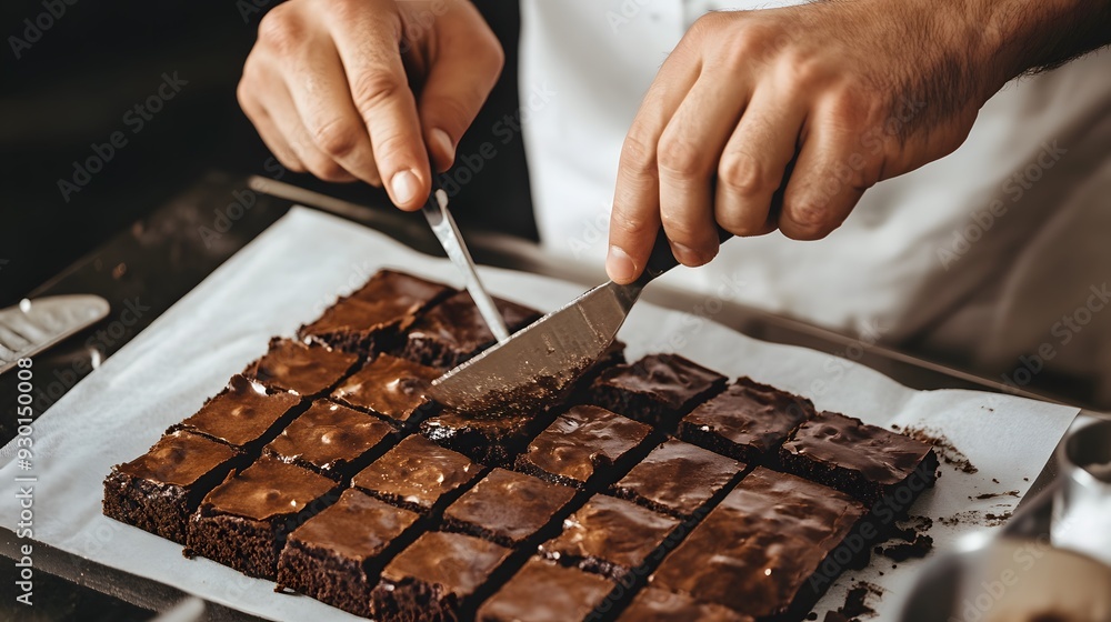 Wall mural a baker cuts squares of freshly baked brownies.