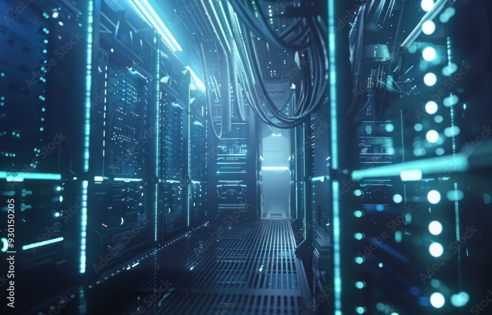 Poster futuristic data center with illuminated pathways and network cables, showcasing advanced technology 