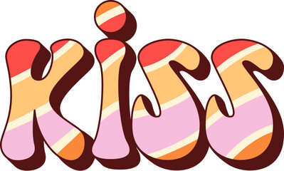Retro y2k groovy Kiss vector typography lettering. Vintage rainbow color font of psychedelic funky hippie text. Groovy colorful Kiss word with geometric striped pattern typeface, hippy print