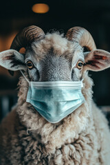 A sheep in a blue medical mask, photo