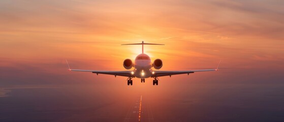  A large jetliner flies through a cloud-studded sky, casting contrails overhead, as the sun sets over a tranquil body of water