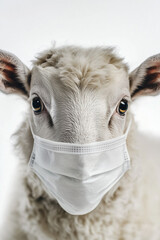 photo of a sheep's head in a medical mask on a white background