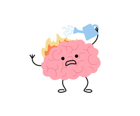 Brain with fire, selfhelp extinguish fire with water using watering can, cute character. Intense brain activity from overwork, tension, multitasking. Salvation and care. Vector