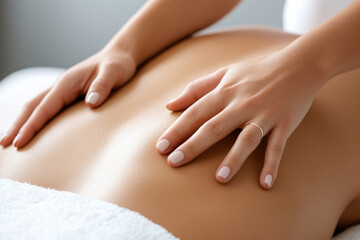 Naklejka premium Relaxing massage therapy, hands gently applying pressure to a clients back, soft towel draped, serene atmosphere promoting wellness and tranquility.