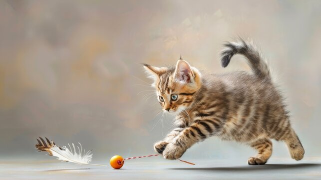 Playful Kitten Chasing Feather Toy.