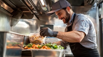A dedicated chef prepares healthy meals with sustainable packaging at a busy food truck