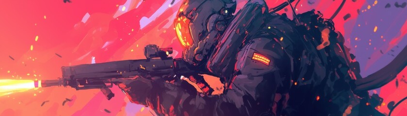 A dynamic illustration of a soldier in combat, featuring vibrant colors and action-packed elements, perfect for gaming and adventure themes.